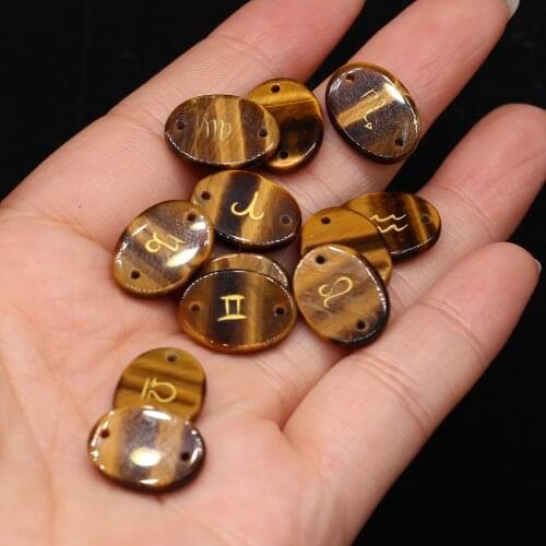 12pc/set Natural Stone Tiger Eye Engraved Symbols Stone With Hole Oval shape Reiki Heal Yoga Meditation Jewelry