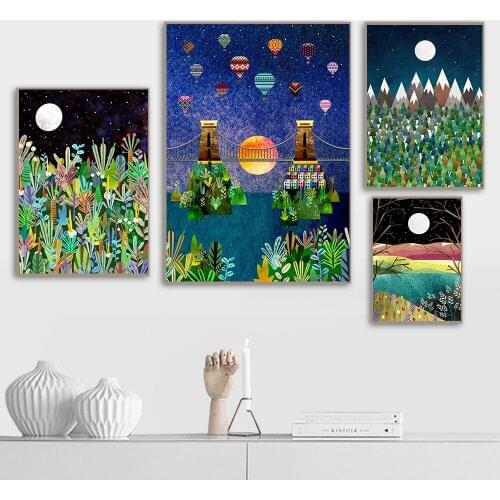 Abstract Landscape Posters Prints Bristol Sunset Canvas Painting Mountains Plants Moon Wall Pictures for Living Room Wall Decor