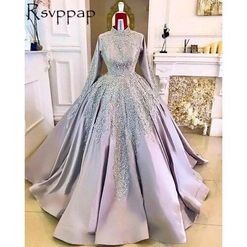 African Style Long Sleeve Satin Wedding Dresses 2021 Exuiqisite Beaded Lace Puffy Ball Gowns Satin Long Bridal Gowns