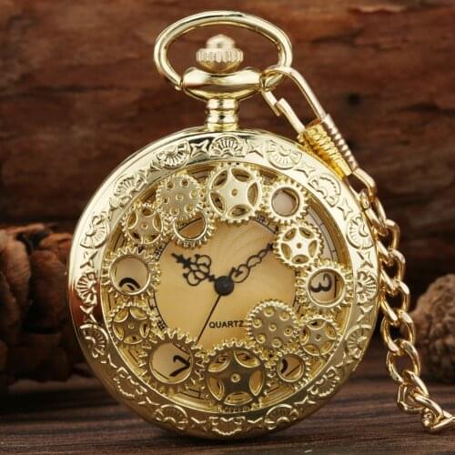 Gold Color Exquise Copper Steampunk Hollow Gear Quartz Pocket Watch Necklace Clock FOB Pocket Chain Jewelry Watch for Men Women