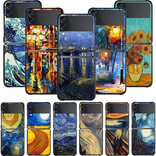 Black Phone Case For Samsung Galaxy Z Flip3 5G Z Flip Hard PC Shell Smartphone Capa paintings Starry Night Van Gogh