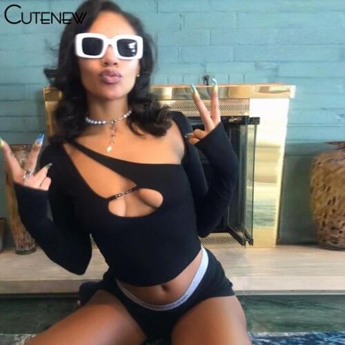 Cutenew Solid Color Hollow Out Skew Collar Crop Top Women 2021 Spring New Sexy Streetwear T-Shirts Party Club Bodycon Skinny Tee