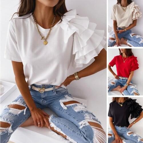 T Shirt For Women Summer 2021 New White Red Black Solid Lady Girl Tshirt Fashion Ruffles Short Sleeve O-Neck Tunic Casual Tops