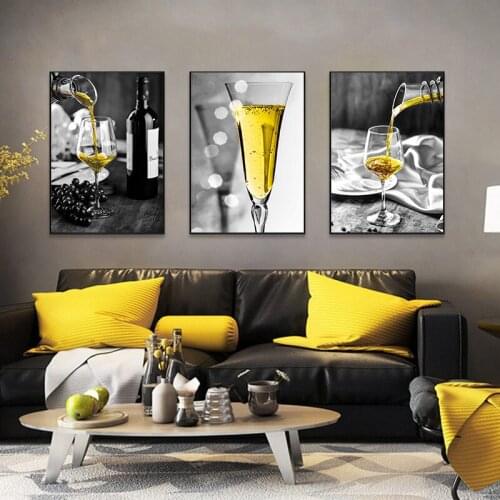 Yellow Champagne Picture Home Decor Nordic Canvas Painting Wall Art Print Wine Cup Poster Art Painting for Kitchen Living Room