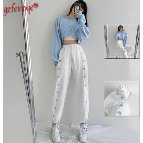 Korean Women Casual Loose Heart Print Streetwear Sweatpants Femme High Waist Harajuku Trousers Wide Leg Sport Jogger Harem Pants
