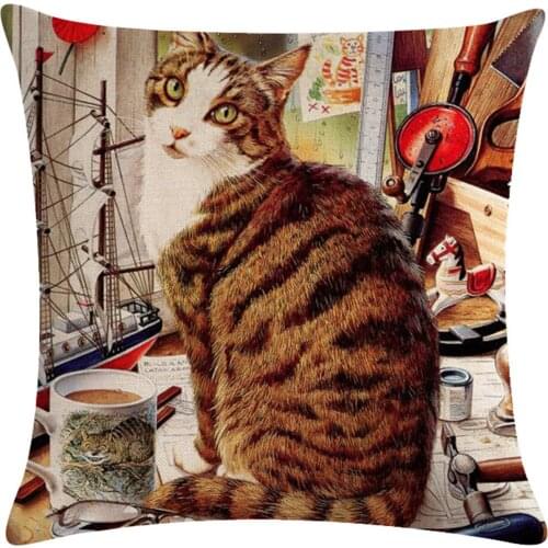 Cute Cat Printed Decorative Pillowcase Vintage Cat Polyester Throw Pillow Case Fine Linen Cushion Cover kussensloop almohada