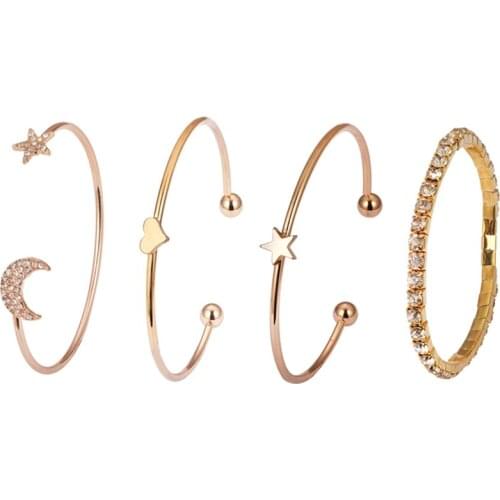 Fashion Simple Gold Color Heart Star Moon Shiny Open Bracelet Crystal Elastic Bracelet Adjustable Four-piece For Women Girls