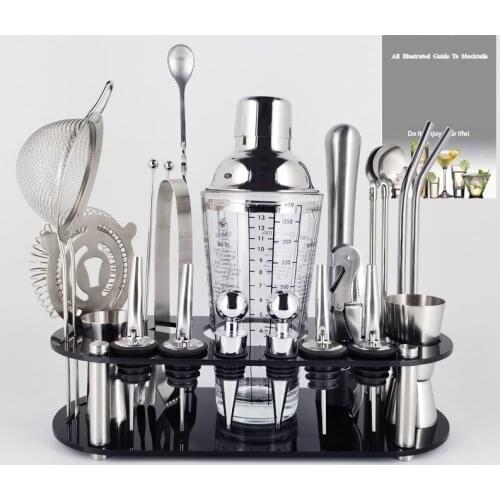 Stainless Steel Shaker Cocktail 1-22Pcs Boston Cocktail Shaker Set Kit Snow Bar Tools MixerJigger Muddler Spoon Ice Tong Holder