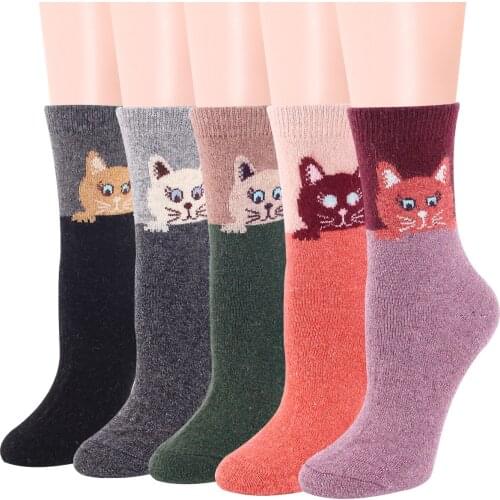 5 Pairs Winter Women Wool Socks Vintage Animal Cat Pattern Warm Socks Thick Cozy Knit Casual Mid Tube Boot Socks
