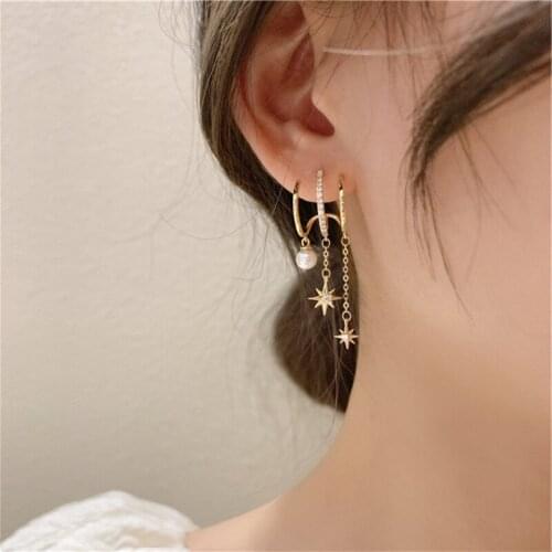 New Star Moon Earrings for Women Charms Asymmetrical Tassel Pearl Earrings Female Dangle Earrings Fashion Elegant Drop Earrings