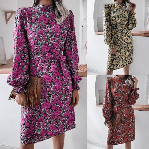 Autumn 2021 European and American Fashion Floral Stand Collar Lantern Long Sleeve Chiffon Slim Knee Dress Womens Wear
