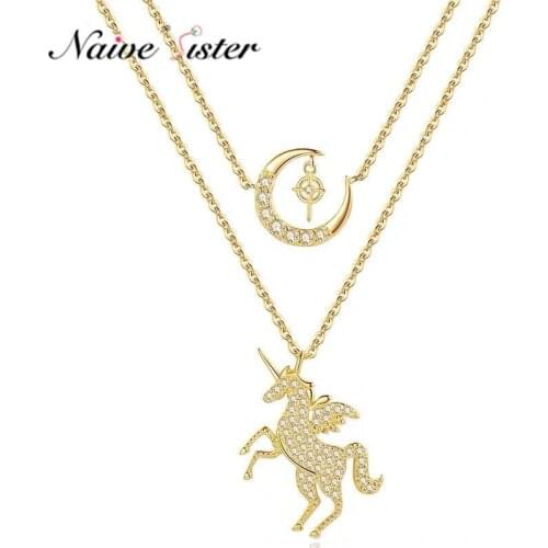 3 Color 2 Pcs Unicorn Moon and Star Pendant Neckalces for Women Girls Birthday Gift Love Jewelry Long Cz Stone Jewellery Choker