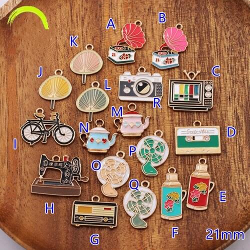 Vintage Charm Pendant for Jewelry making 10pcs antique Enamel Charms Gold Metal Fan Bicycle Tape Camera Teapot Pendants Finding
