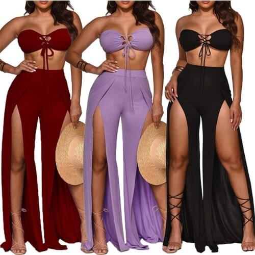 Casual Hollow Out Corset+High Split Wide Leg Trousers Women Summer Clothing High Street Lace Up Club Two-Piece Sets Club Suit