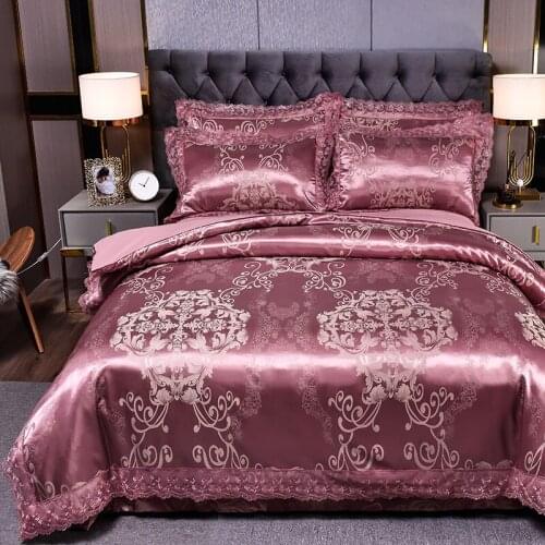 Dropshipping Wedding Duvet Cover Set Grey Golden Jacquard bedding set Lace flat sheet Pillowcase 4pcs European luxury Bean paste