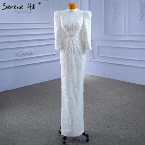 Serene Hill Muslim Mermaid White Evening Dresses Gowns 2021 Luxury Elegant Beaded For Women Party HM67335