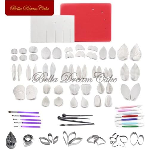 Leaves Petal Silicone Veiner Mold With Stainless Steel Cutter Brush Foam Mat Set Fondant Sugarcraft Baking Cake Decorating Tool