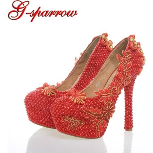 Stylish Handcraft Bridal High Heels Red Pearl Formal Dress Shoes with Platforms Bride Mother Party Shoes Round Toe Classics Pump