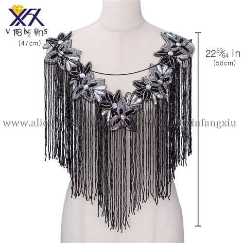 XFX VENUS Hot sale new tassels style rhinestone patches V neck wedding embroidered crystal beaded fashion beaded applique