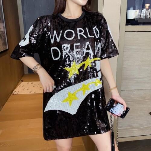 Women Letters Sequined Short-sleeved T-shirts Summer Loose Mesh Spliced T-Shirts Dress Beaded Tees Crop Tops Party Vestidos 2021