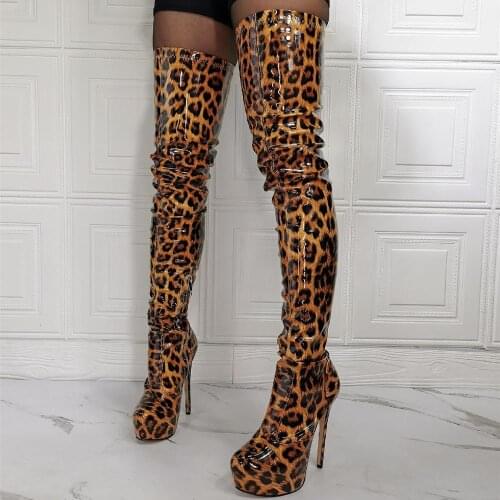 Women Crotch High Platform Boots Shiny Patent Leopard Side Zip Stiletto Heels Thigh High Boots Cosplay Plus Size 44 46 50 52