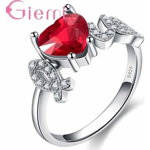 Women Lovers Promise Jewelry Accessory Hot 925 Sterling Silver Love Heart Crystal Rings Red CZ Zircon Jewelry for Party