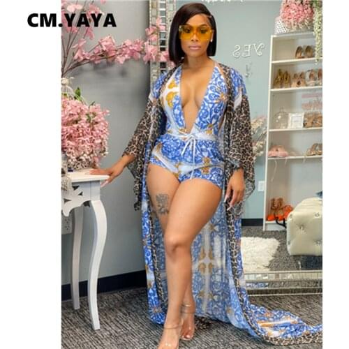 CM.YAYA Women Bikinis Set Print Bandae Bodysuit Stretchy Shorts and Three Quarter Sleeve Long Cloak Three Piece Sets Sexy Summer