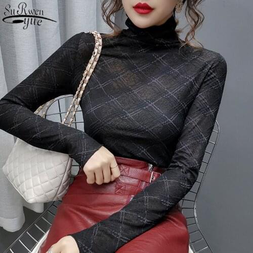 2021 Autumn Long Sleeve Sexy Lace Shirts Turtleneck Womans Shirts Office Lady Style Vintage Bottoing Shirts Blusas Mujer 10811