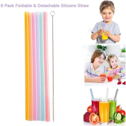 6pcs Reusable Silicone Straws Food Grade Silicone Flexible Bent Straight Drinking Straws With Cleaner Brush Party Bar Accessory