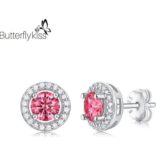 BK 100% Real 925 Silver Stud Earrings For Women Pink Moissanite Earrings Zircon 8*8mm Wedding Party Engagement Gift Lady Jewelry