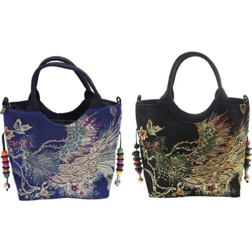 Shiny Sequins Peacock Embroidered Women Canvas Totes Bag, Summer Shopping Shoulder Bag Vintage Beaded String Handbag