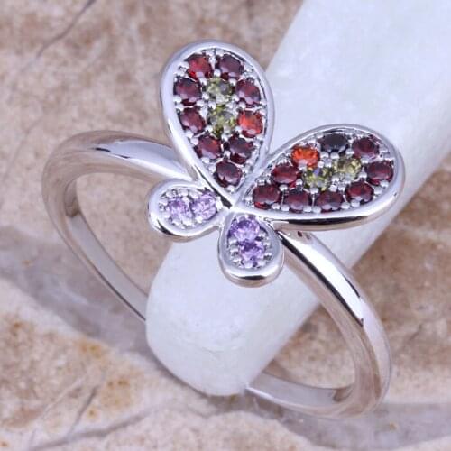 Glittering Multicolor Multigem Silver Plated Butterfly Ring Size 6 / 7 / 8 / 9 E542