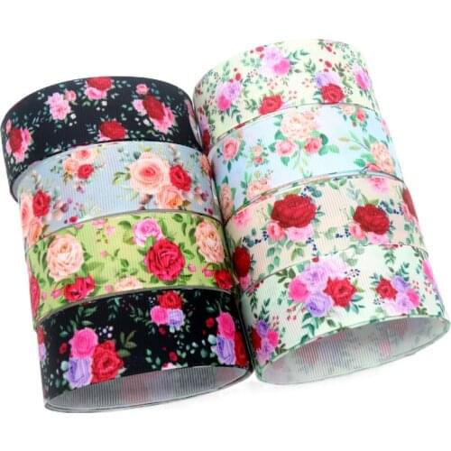 DHK 50yards Flowers Floral Rose Printed Grosgrain Ribbon Accessory Hairbow Headwear Decoration DIY Wholesale OEM S1448