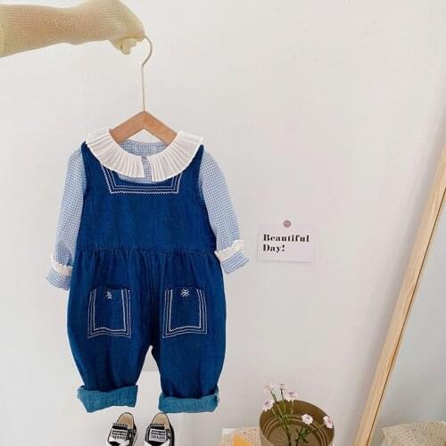 Girls Denim Suspenders +Shirt Children Set 1-6Years Autumn New Childrens Conjoined Pants Baby Korean Trendy Kids Pants Spring
