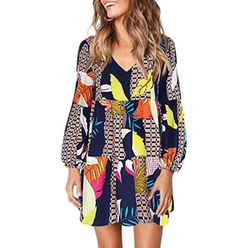 Elegant Dress Brief Mini Dresses Womens Maple Leaf Printed Dresses Swing Loose Comfy Casual Dress V-neck Long Sleeve Dress