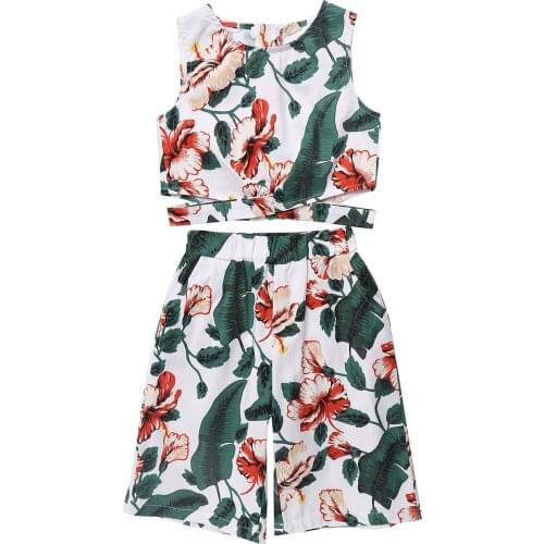Kids Girls Summer Floral Outfits Fashion Casual Sleeveless T-shirt Crop Tops + Shorts Cropped Pants Teenage Girls Clothing Set