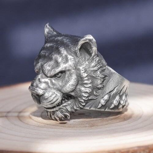 Solid 999 Sterling Silver Thai retro biker MENS men handmade tiger king ring rings jewelry gift