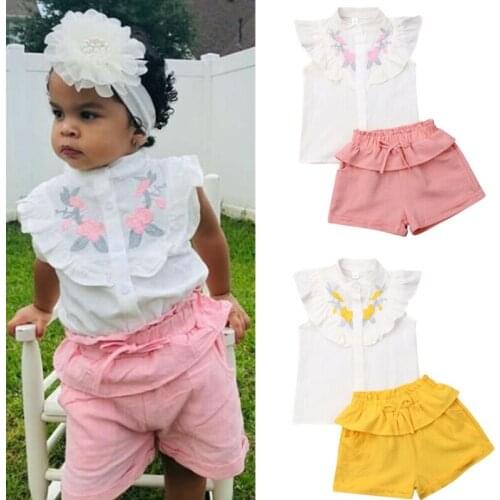 Summer 2pcs Girl Clothes Cute Kid Baby Girl Party Floral Sleeveless Embroidery Tops Shirt + Pink Short Pants Legging Outfits