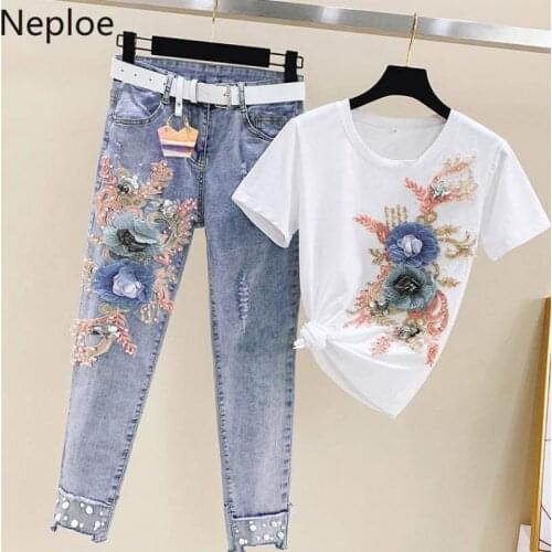 Neploe Women 2 Piece Outfits Beads Embroiideried Short Sleeve O-neck T Shirt + Belt High Waist Hole Harem Jeans Pants Sets 4B662