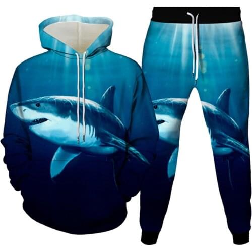 Teen Animal Fish Shark Printed Clothes Men Hoodies+Trousers 2PcsSets Women Birthday Party Sportwear Tracksuits Plus Size S-6XL