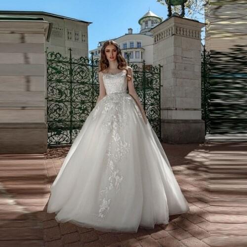 Sheer Tulle Lace Appliques Ball Gown Wedding Dresses Bandage Back Custom Princess Bridal Gowns White Sleeveless Robe De Mariee