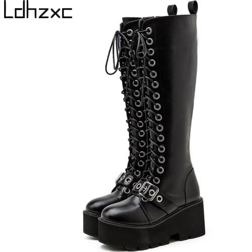 LDHZXC 2020 Womens Platform Boots Gothic Knee High Black Fashion Weeks New Style Nightclub Shoes Thick Heels thigh high boots