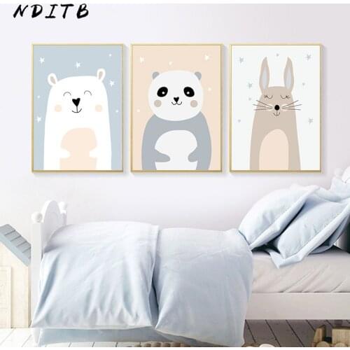 Cartoon Nursery Wall Art Canvas Print Cute Bear Panda Poster Painting Nordic Kids Decoration Picture Modern Baby Bedroom Decor