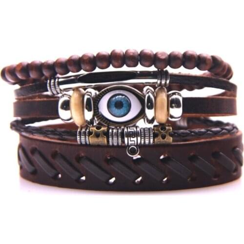 Set Leather Bracelets Multilayer Leather Bracelet Eye Charms Beads Bracelets for Men Vintage Punk Wrap Wristband