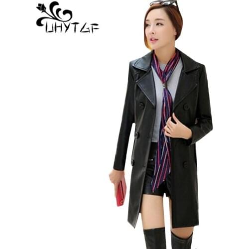 UHYTGF New Fashion Lapel Winter Leather Jacket Women Double Breasted Slim Long Jacket Womens Plus Size Leather Jacket M-4XL105