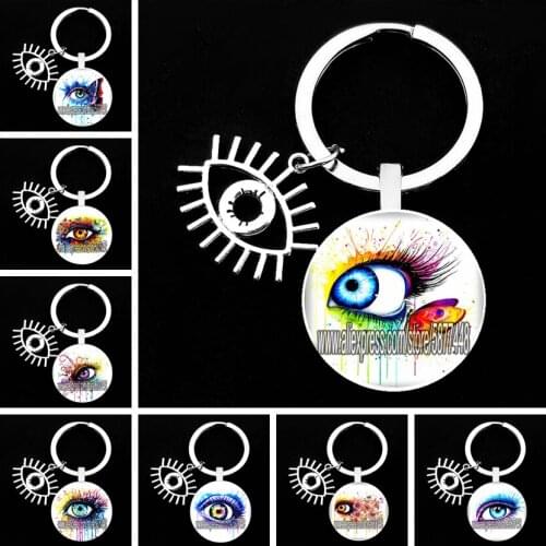 New Beauty Artistic Eye Butterfly Glass Keychain for Women Colorful Eyes Pendent Key Ring for Girls