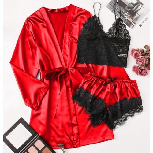 Pure Color 3 Pieces Women Pajamas Sets Satin Silk Pajamas Sleepwear Sets Elegant Sexy Lace Fashion Casual Home Clothes Nightwear