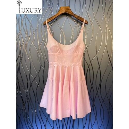 2020 New Korean Fashion Summer Casual Ladies Spaghetti Strap Sleeveless Slim Fitted A-Line Sexy Blue Pink Dress Above Knee