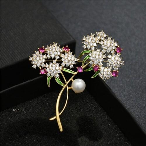 Luxury Beautiful Zirconias Flower Brooches Pins Women Jewelry Freshwater Pearl Broach Wedding Bouquet Pin brosche femme bijoux