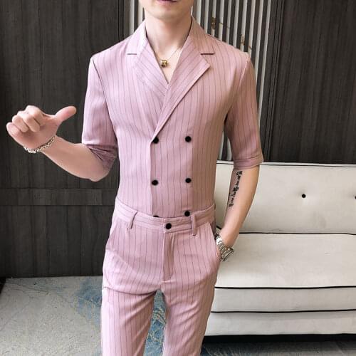 Short Sleeve Stripe Shirt And Pant Slim Fit Cuban Collar Shirt Pink White Double Breasted Summer 2 Pieces Outfit Matching Set